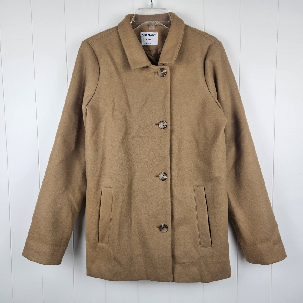 Old Navy Car Coat Camel Tan Button Up Soft Pockets Lined Office Women M Tall